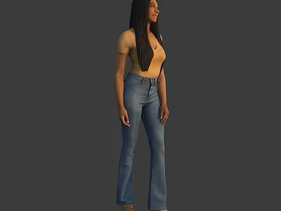 Woman with long black hair wearing yellow short sleeve top and blue flared jeans on gray background 3d model