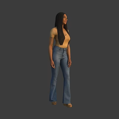 Woman with long black hair wearing yellow short sleeve top and blue flared jeans on gray background 3d model