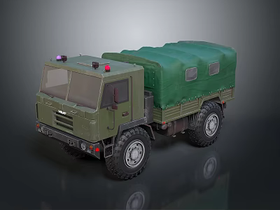 Military Green Off Road Truck With Canvas Cover And Roof Warning Lights 3d model