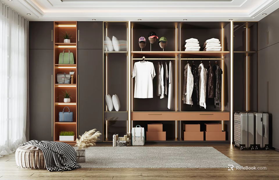 Modern Wardrobe Interior Design With Hanging Clothes Folded Garments Storage Boxes And Open Shelves 3d model 