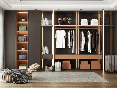 Modern Wardrobe Interior Design With Hanging Clothes Folded Garments Storage Boxes And Open Shelves 3d model