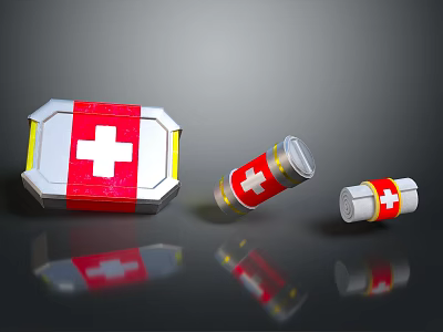 First Aid Kit and Medicine Bottles Featuring Red Cross as Essential Medical Devices 3d model