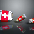 First Aid Kit and Medicine Bottles Featuring Red Cross as Essential Medical Devices