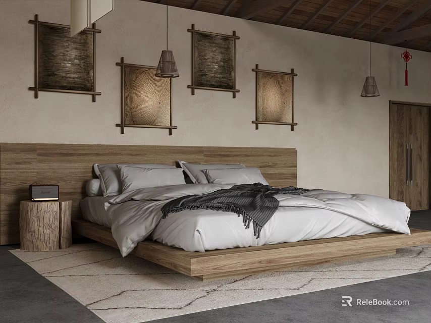 Hotel Guest Room Featuring Wooden Headboard White Bed Linens Gray Blanket And Framed Wall Artworks 3d model 