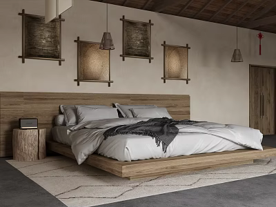 Hotel Guest Room Featuring Wooden Headboard White Bed Linens Gray Blanket And Framed Wall Artworks 3d model
