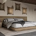 Hotel Guest Room Featuring Wooden Headboard White Bed Linens Gray Blanket And Framed Wall Artworks