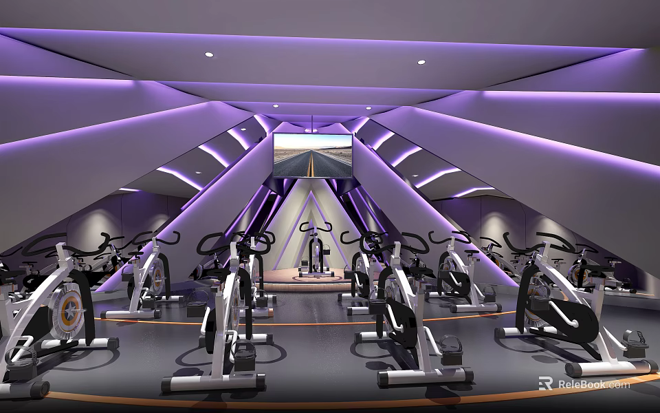 Modern Fitness Studio Featuring Spin Bikes Purple Lighting Geometric Ceiling Design And Large Screen 3d model 