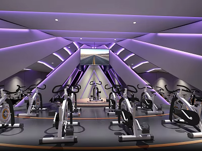 Modern Fitness Studio Featuring Spin Bikes Purple Lighting Geometric Ceiling Design And Large Screen 3d model