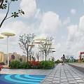 Colorful Children's Playground with Slides Swings and Umbrella Shades in Green Grass Area
