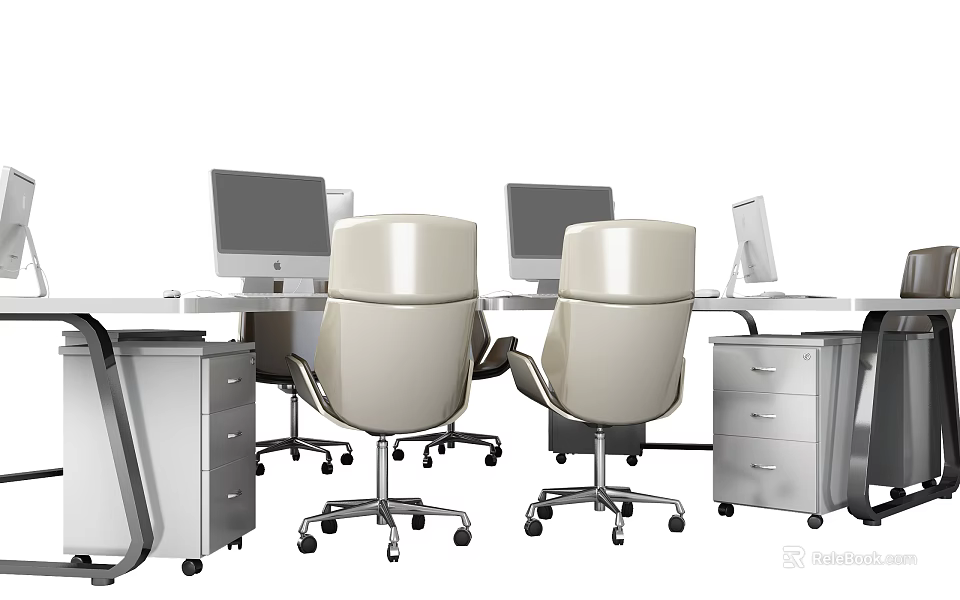 Modern Office Desk Setup With Computer Monitors Beige Chairs And Metal Drawers 3d model 