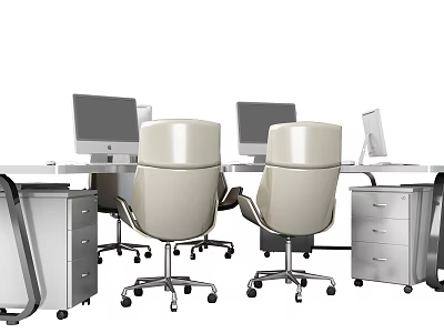 Modern Office Desk Setup With Computer Monitors Beige Chairs And Metal Drawers 3d model