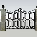 Ornate Iron Entrance Gate With Stone Pillars Lanterns And Heart Decorations