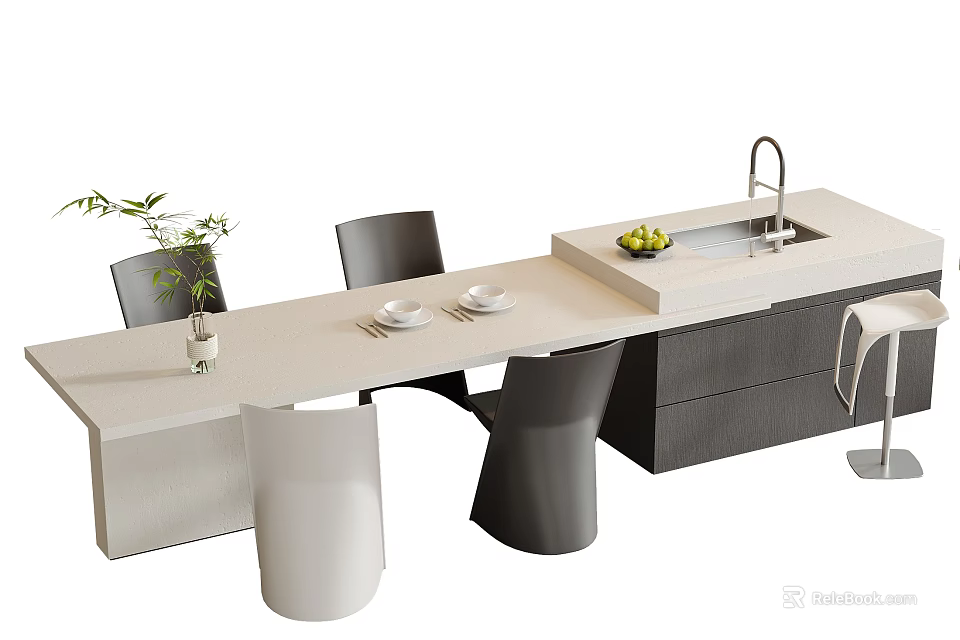 Modern Dining Table And Chairs With Marble Top Sink Area Green Plant And Dinnerware 3d model 