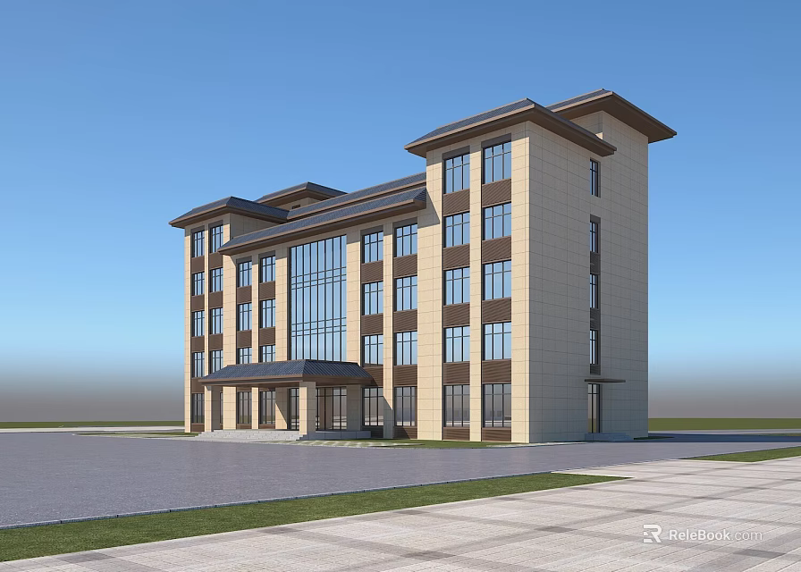Modern Multi story Office Building With Stone Exterior And Large Glass Windows 3d model 