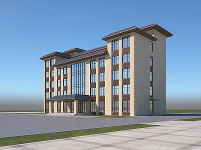 Modern Multi story Office Building With Stone Exterior And Large Glass Windows 3d model