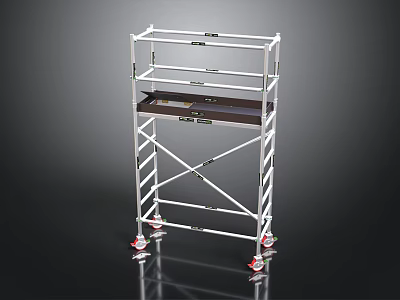 White Metal Scaffolding With Black Platform Red Wheels And Dark Background 3d model