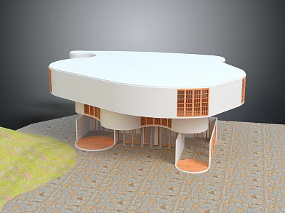 Cartoon Scene With Round White Building Orange Window Grilles Circular Supports Grass And Paved Ground 3d model