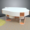 Cartoon Scene With Round White Building Orange Window Grilles Circular Supports Grass And Paved Ground