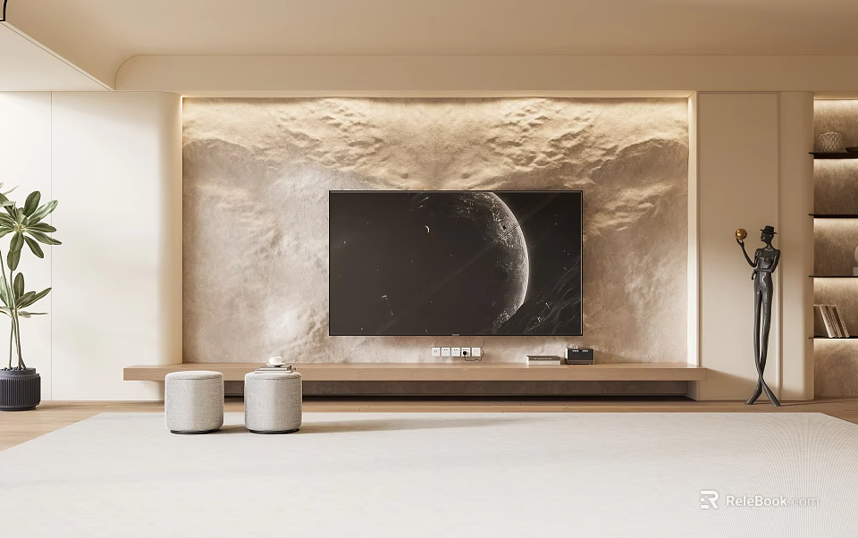 Modern Textured TV Background Wall Design with Mounted TV and Wooden Stand 3d model 