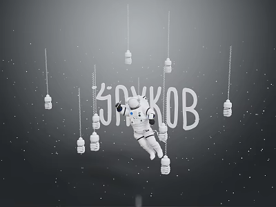Game Movie Character Astronaut In Spacesuit Floating Amid Hanging Cylindrical Objects On Gray Background 3d model