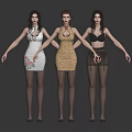 Three Female Characters In Different Dresses With High Heels Standing On Gray Background