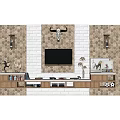 Rustic TV Background Wall with White Brick Accent Patterned Stone Tiles and Wooden Console 3d model
