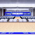 Spacious Conference Hall With Rows Of Seats Stage Blue Screens And Banners
