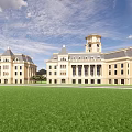 Large European Mansion With Reflecting Pool Blue Sky And Mountain View