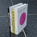 Stacked Books With Lisa Perry Book Pink Circle Cover And Yellow Black Spines
