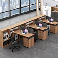 Modern Wooden Office Desks With Multiple Workstations Laptops And City View Through Large Windows