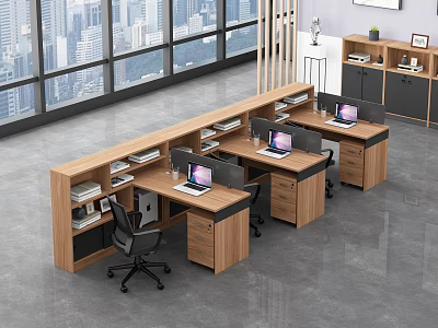 Modern Wooden Office Desks With Multiple Workstations Laptops And City View Through Large Windows 3d model