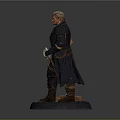 Detailed Man Statue In Long Coat With Armor Holding Dual Swords On Blue Base