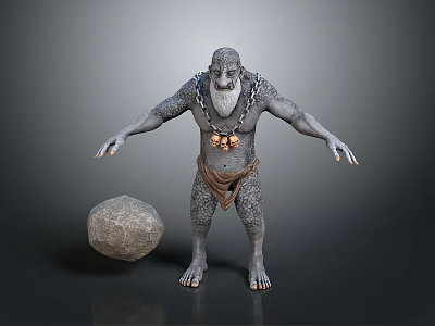 Gray Skinned Bearded Giant Creature With Muscular Body And Large Boulder 3d model