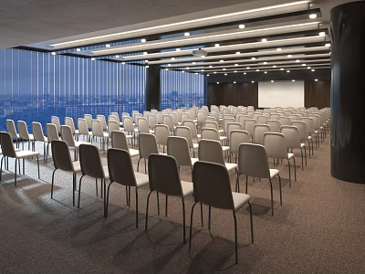 Modern Conference Room Interior With Neatly Arranged Chairs Floor to Ceiling Windows and City View 3d model