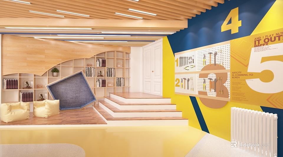 Book Art Design With Wooden Bookshelves Stairs Yellow Blue Walls Numbers 4 3 2 1 3d model 