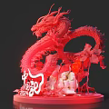 Red Dragon Sculpture Decorative with Flowers Lanterns and 2024 Chinese Elements