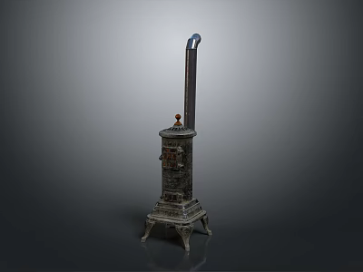 Vintage Cast Iron Stove With Tall Chimney Decorative Carvings And Three Legs 3d model