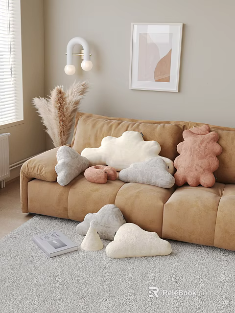 Soft Plush Cloud Bear Shaped Pillows White Light Gray Pink on Beige Sofa Cozy Decor 3d model