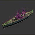 Detailed 3D Battleship Model With Gray Hull Red Bottom And Turrets