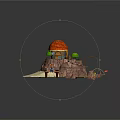 3D Island Scene With Red Roof Cabin Waterfall Wooden Bridge And Green Tree