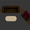 Brown Sofa and Coffee Table Set with Red Cushion Armchair Marble Top and Wooden Legs