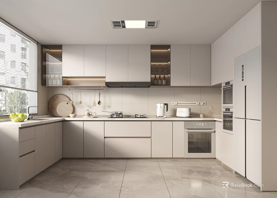 Modern Kitchen Interior Design With White Cabinets Island Countertop Appliances And Cooking Utensils 3d model 
