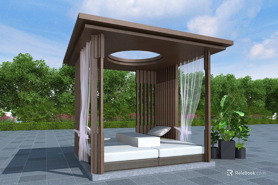 Outdoor Brown Pergola Design with Circular Skylight White Curtains White Daybed and Green Plants 3d model 