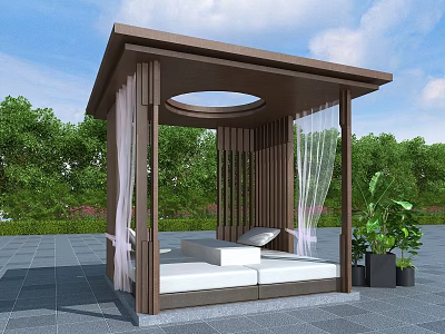 Outdoor Brown Pergola Design with Circular Skylight White Curtains White Daybed and Green Plants 3d model