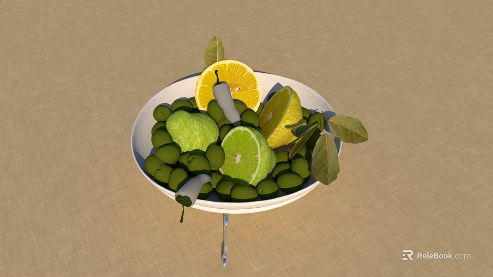 Fresh Green Olives with Lemon Slices in White Bowl and Green Leaves 3d model 