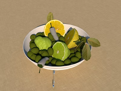 Fresh Green Olives with Lemon Slices in White Bowl and Green Leaves 3d model