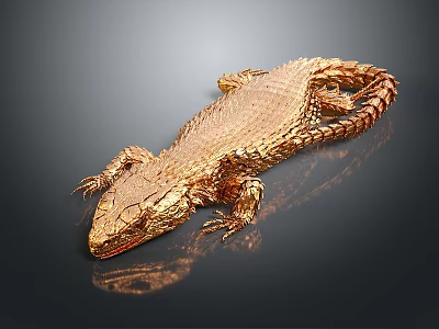 Golden Reptile Lizard With Shiny Scales On Black Background And Reflection 3d model