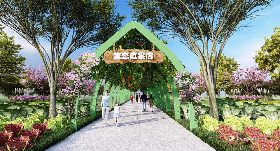 Ecological Melon and Fruit Orchard Scenic Pathway With Green Arched Gate and Lush Plants 3d model 