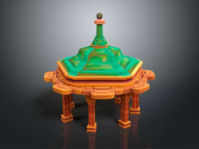 Traditional Octagonal Pavilion Architecture With Green Tiered Roof Orange Pillars And Decorative Top Sphere 3d model