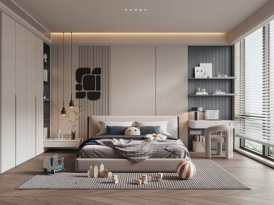 Kids Bedroom Interior Design With Bed Stuffed Toys Playful Toys Shelves Soft Rug And Window Blinds 3d model